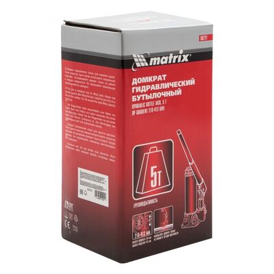 Домкрат гидравлический бутылочный, 5 т, высота подъема 216-413 мм Matrix 50721, фото 11